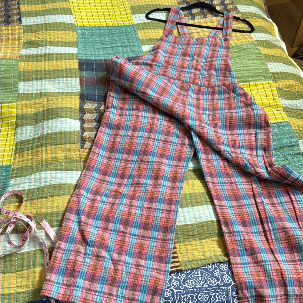 A&J pink and blue plaid overalls